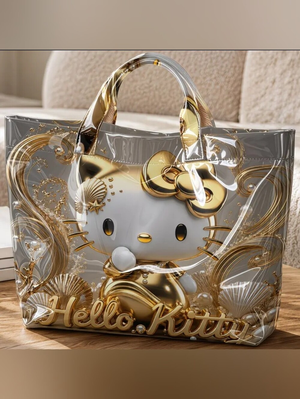 Hello Kitty Golden Seashell PVC Daily Commute Hand Bag Tote Large